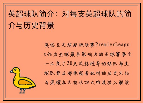 英超球队简介：对每支英超球队的简介与历史背景