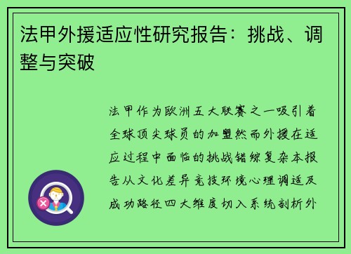 法甲外援适应性研究报告：挑战、调整与突破